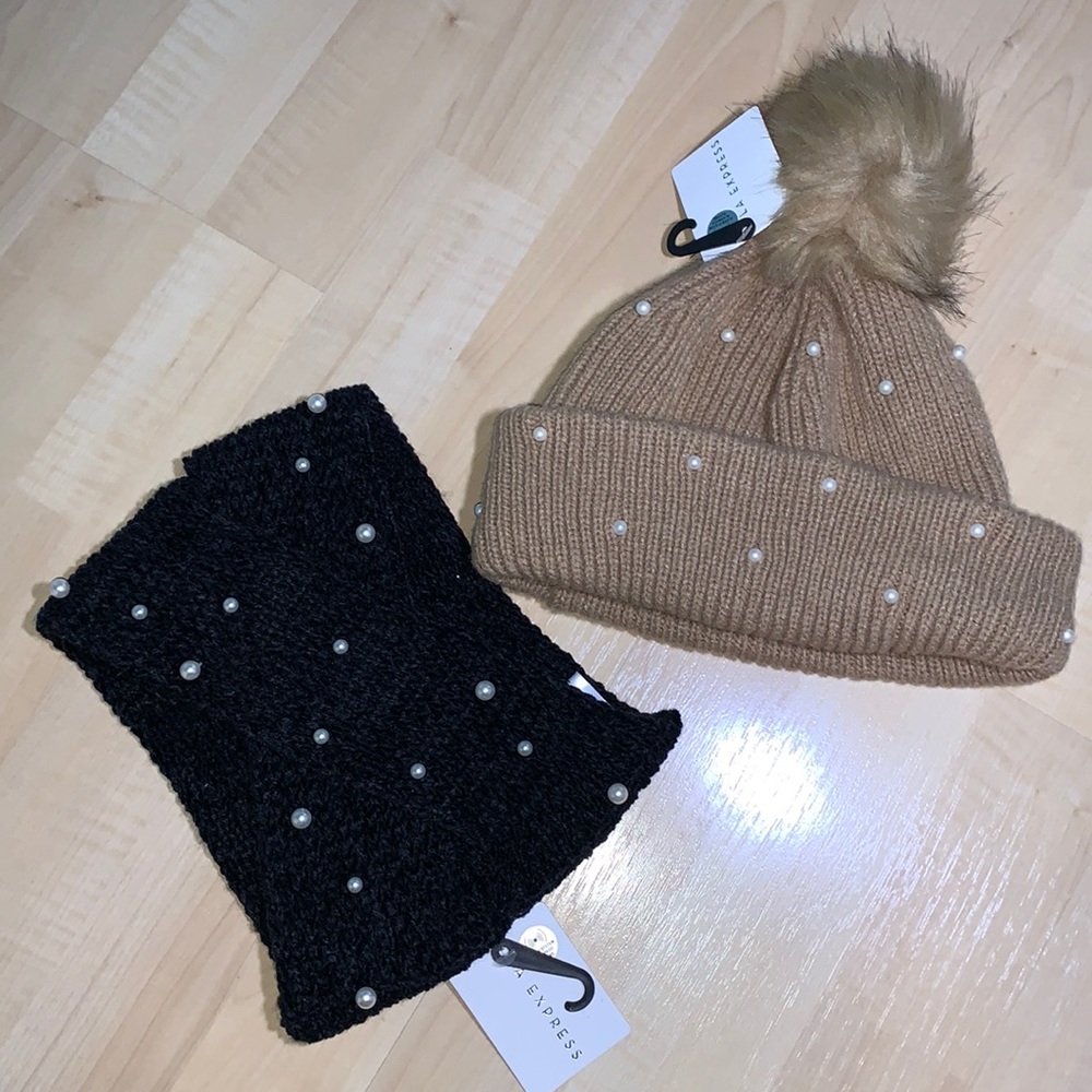 LA EXPRESS Pearl Pom Toque & Chenille Criss-Cross Head Band Ear Warmer